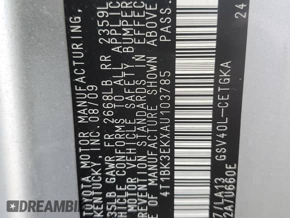 2010 Toyota Camry XLE with VIN 4T1BK3EKXAU103785, listed as a Copart auction lot 82206195 with 118,312 mi miles and Salvage title. Bid and sale history available at DreamBid. Image 12.