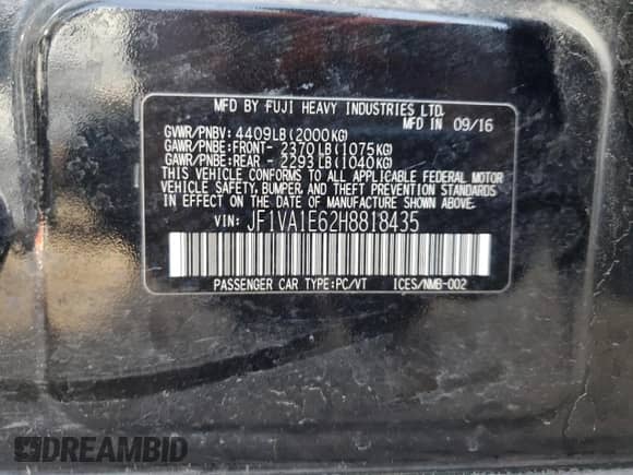 2017 Subaru WRX Premium with VIN JF1VA1E62H8818435, listed as a Copart auction lot 67944935 with 199,455 mi miles and Salvage title. Bid and sale history available at DreamBid. Image 12.