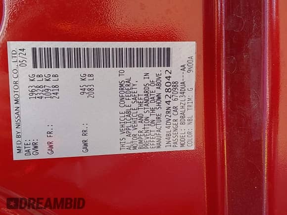 2024 Nissan Altima SV with VIN 1N4BL4DV2RN428042, listed as a IAAI auction lot 42928735 with 8,901 mi miles and . Bid and sale history available at DreamBid. Image 9.