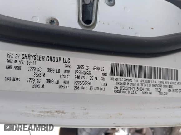 2012 Ram 1500 Sport with VIN 1C6RD7MT4CS154994, listed as a IAAI auction lot 42818900 with 117,437 mi miles and . Bid and sale history available at DreamBid. Image 9.