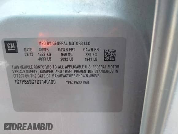 2013 Chevrolet Cruze LS with VIN 1G1PB5SG1D7140130, listed as a IAAI auction lot 43148418 with 97,790 mi miles and . Bid and sale history available at DreamBid. Image 9.