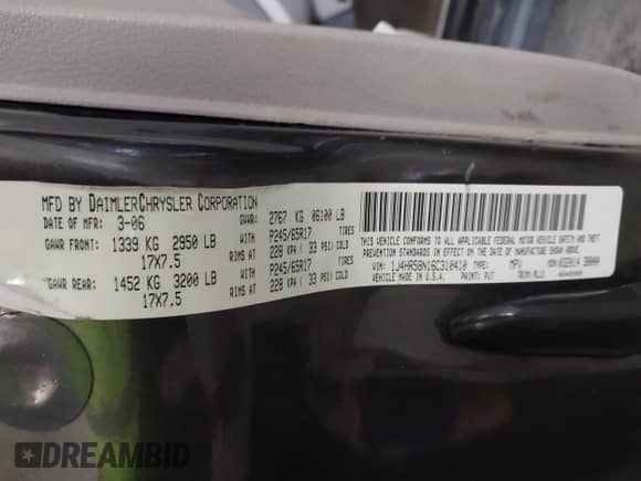 2006 Jeep Grand Cherokee Limited with VIN 1J4HR58N16C310410, listed as a IAAI auction lot 43194311 with 183,594 mi miles and . Bid and sale history available at DreamBid. Image 9.