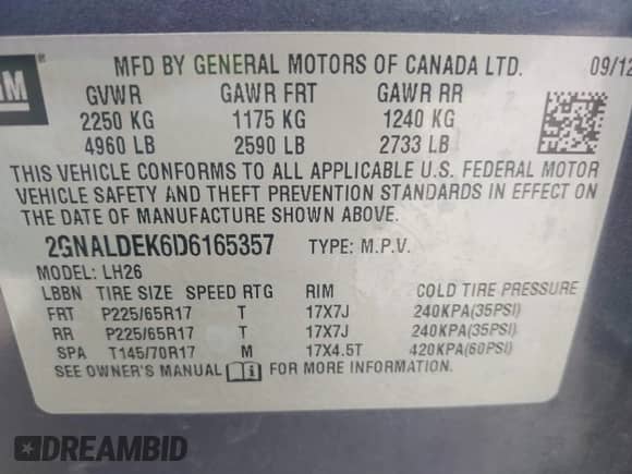 2013 Chevrolet Equinox LT with VIN 2GNALDEK6D6165357, listed as a IAAI auction lot 42761226 with 96,145 mi miles and . Bid and sale history available at DreamBid. Image 9.