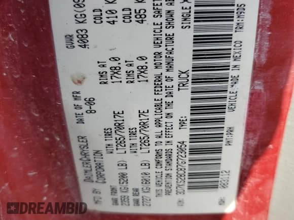 2007 Dodge 2500 SLT with VIN 3D7KS28C87G723054, listed as a Copart auction lot 47220295 with 262,086 mi miles and Salvage title. Bid and sale history available at DreamBid. Image 13.