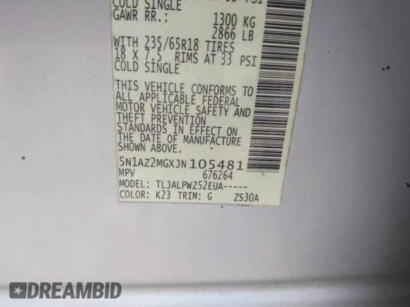 2018 Nissan Murano SV z VIN 5N1AZ2MGXJN105481, wystawiony jako IAAI lot #43324521 z przebiegiem 148 348 mil mil oraz . Historia ofert i sprzedaży dostępna na DreamBid. Obrazek 9.