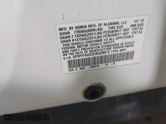 2014 Honda Pilot LX с VIN 5FNYF4H23EB020072, выставлен на аукционе IAAI как лот 42752825 с пробегом 95 602 миль миль и . История ставок и продаж доступна на DreamBid. Изображение 9.