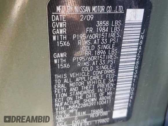 2009 Nissan Cube S с VIN JN8AZ28R39T100411, выставлен на аукционе Copart как лот 59990455 с пробегом 150 709 миль миль и Списание • Salvage title. История ставок и продаж доступна на DreamBid. Изображение 12.