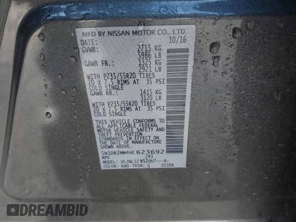 2017 Nissan Pathfinder SL z VIN 5N1DR2MM4HC623692, wystawiony jako IAAI lot #40493909 z przebiegiem 68 563 mil mil oraz . Historia ofert i sprzedaży dostępna na DreamBid. Obrazek 9.