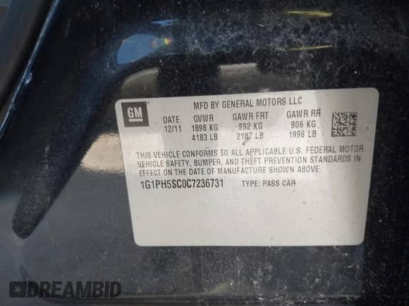 2012 Chevrolet Cruze LTZ with VIN 1G1PH5SC0C7236731, listed as a IAAI auction lot 43415373 with 170,115 mi miles and . Bid and sale history available at DreamBid. Image 9.