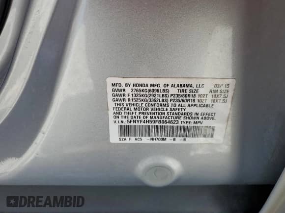 2015 Honda Pilot EX-L с VIN 5FNYF4H59FB064623, выставлен на аукционе Copart как лот 81643155 с пробегом 12 595 миль миль и На запчасти • Non repairable. История ставок и продаж доступна на DreamBid. Изображение 13.