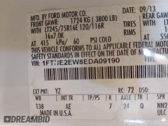 2014 Ford Econoline Cargo Commercial with VIN 1FTNE2EW8EDA09190, listed as a IAAI auction lot 42655816 with 212,534 mi miles and . Bid and sale history available at DreamBid. Image 9.