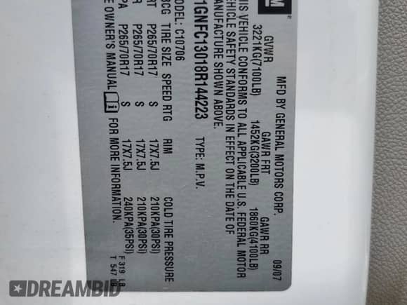 2008 Chevrolet Tahoe 3LT z VIN 1GNFC13018R144223, wystawiony jako Copart lot #68213305 z przebiegiem 234 738 mil mil oraz Szkoda całkowita • Salvage title. Historia ofert i sprzedaży dostępna na DreamBid. Obrazek 13.
