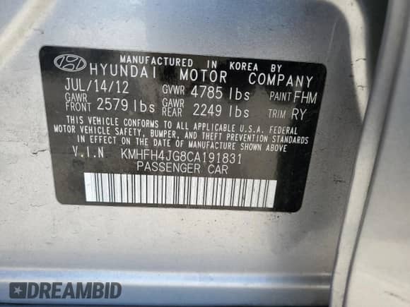 2012 Hyundai Azera с VIN KMHFH4JG8CA191831, выставлен на аукционе Copart как лот 63348985 с пробегом 189 389 миль миль и Списание • Salvage title. История ставок и продаж доступна на DreamBid. Изображение 12.