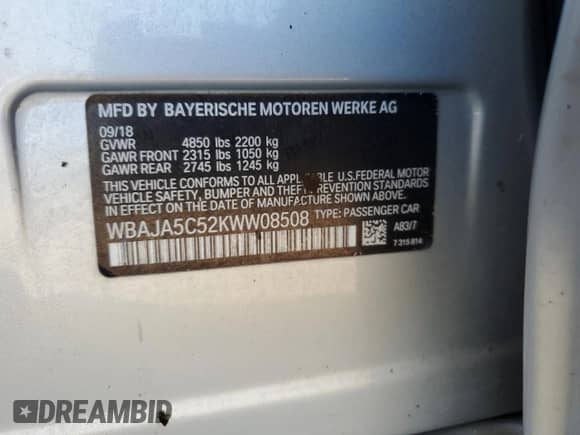 2019 BMW 5 Series 530i with VIN WBAJA5C52KWW08508, listed as a Copart auction lot 84219825 with 40,136 mi miles and Salvage title. Bid and sale history available at DreamBid. Image 12.