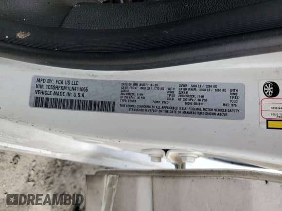 2020 Ram 1500 Longhorn with VIN 1C6SRFKM1LN411066, listed as a Copart auction lot 52946765 with Not provided miles and Non repairable. Bid and sale history available at DreamBid. Image 13.