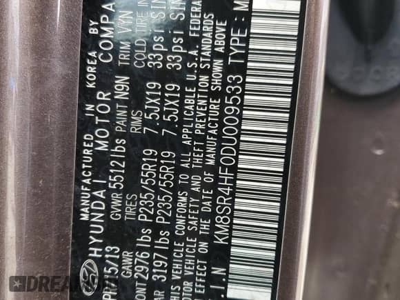 2013 Hyundai Santa Fe Limited with VIN KM8SR4HF0DU009533, listed as a Copart auction lot 57859725 with 139,607 mi miles and Clean title. Bid and sale history available at DreamBid. Image 13.