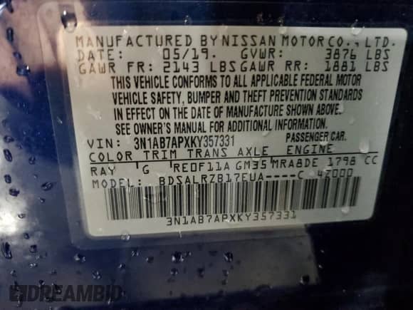 2019 Nissan Sentra SR с VIN 3N1AB7APXKY357331, выставлен на аукционе Copart как лот 71655835 с пробегом 88 043 миль миль и Списание • Salvage title. История ставок и продаж доступна на DreamBid. Изображение 12.