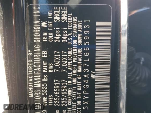 2020 Kia Sorento LX with VIN 5XYPG4A37LG659931, listed as a Copart auction lot 71433695 with 98,425 mi miles and Salvage title. Bid and sale history available at DreamBid. Image 13.