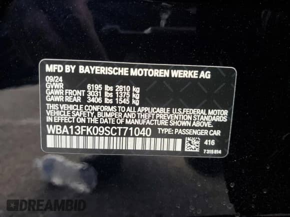 2025 BMW 5 Series с VIN WBA13FK09SCT71040, выставлен на аукционе Copart как лот 46682045 с пробегом 283 миль миль и Списание • Salvage title. История ставок и продаж доступна на DreamBid. Изображение 13.