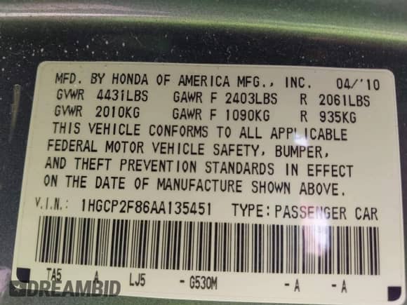 2010 Honda Accord с VIN 1HGCP2E86AA135451, выставлен на аукционе IAAI как лот 42411957 с пробегом 90 611 миль миль и . История ставок и продаж доступна на DreamBid. Изображение 9.