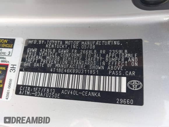 2009 Toyota Camry with VIN 4T1BE46K89U311851, listed as a IAAI auction lot 43127498 with 113,311 mi miles and . Bid and sale history available at DreamBid. Image 9.