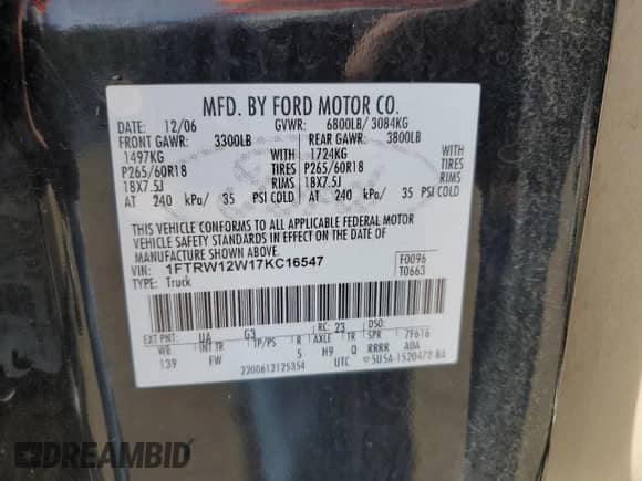 2007 Ford F-150 XLT с VIN 1FTRW12W17KC16547, выставлен на аукционе Copart как лот 90030935 с пробегом 316 838 миль миль и Чистый • Clean title. История ставок и продаж доступна на DreamBid. Изображение 12.