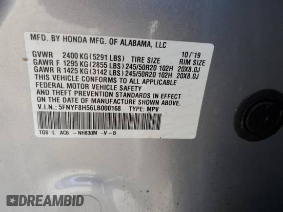2020 Honda Passport EX-L with VIN 5FNYF8H56LB000168, listed as a Copart auction lot 70536685 with Not provided miles and Salvage title. Bid and sale history available at DreamBid. Image 13.