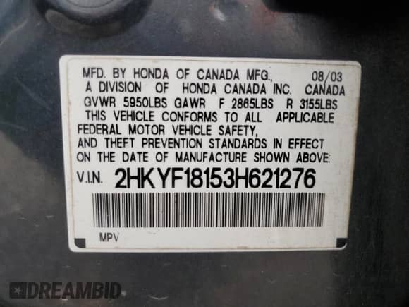 2003 Honda Pilot LX с VIN 2HKYF18153H621276, выставлен на аукционе Copart как лот 63389255 с пробегом 166 337 миль миль и Списание • Salvage title. История ставок и продаж доступна на DreamBid. Изображение 13.