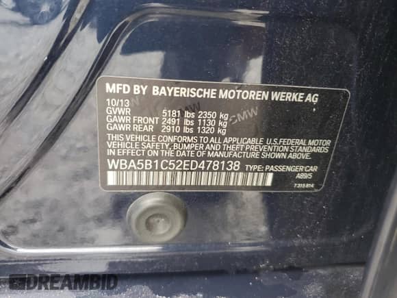 2014 BMW 5 Series 535i with VIN WBA5B1C52ED478138, listed as a Copart auction lot 71019925 with Not provided miles and Salvage title. Bid and sale history available at DreamBid. Image 12.