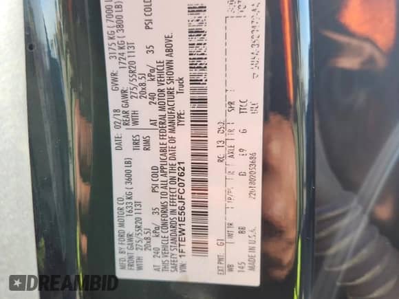2018 Ford F-150 XL с VIN 1FTEW1E56JFC07621, выставлен на аукционе Copart как лот 89619015 с пробегом 94 084 миль миль и Чистый • Clean title. История ставок и продаж доступна на DreamBid. Изображение 12.