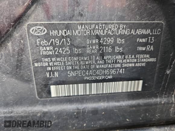 2013 Hyundai Sonata Limited с VIN 5NPEC4AC4DH696741, выставлен на аукционе Copart как лот 82441055 с пробегом 131 079 миль миль и Списание • Salvage title. История ставок и продаж доступна на DreamBid. Изображение 12.