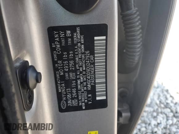 2013 Hyundai Genesis 3.8L with VIN KMHGC4DD9DU247926, listed as a Copart auction lot 61735335 with 218,121 mi miles and Salvage title. Bid and sale history available at DreamBid. Image 12.