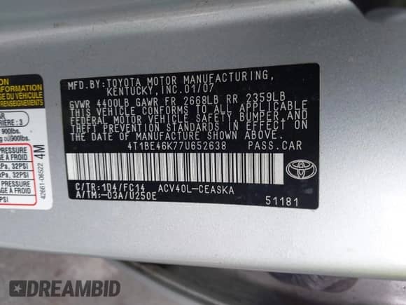 2007 Toyota Camry CE with VIN 4T1BE46K77U652638, listed as a IAAI auction lot 43367716 with 152,505 mi miles and . Bid and sale history available at DreamBid. Image 9.
