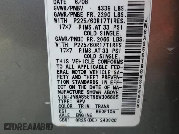 2008 Nissan Rogue SL with VIN JN8AS58T98W306685, listed as a Copart auction lot 64567865 with 206,788 mi miles and Clean title. Bid and sale history available at DreamBid. Image 13.