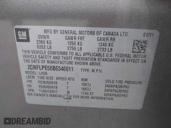 2011 Chevrolet Equinox 2LT with VIN 2CNFLPE56B6346011, listed as a IAAI auction lot 42881833 with 172,140 mi miles and . Bid and sale history available at DreamBid. Image 9.