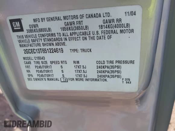 2005 Chevrolet Silverado 1500 LS z VIN 2GCEC13T651224619, wystawiony jako IAAI lot #41663773 z przebiegiem 190 453 mil mil oraz . Historia ofert i sprzedaży dostępna na DreamBid. Obrazek 9.