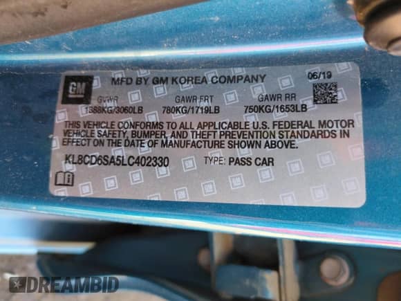 2020 Chevrolet Spark LT с VIN KL8CD6SA5LC402330, выставлен на аукционе Copart как лот 68305545 с пробегом 66 155 миль миль и Списание • Salvage title. История ставок и продаж доступна на DreamBid. Изображение 13.
