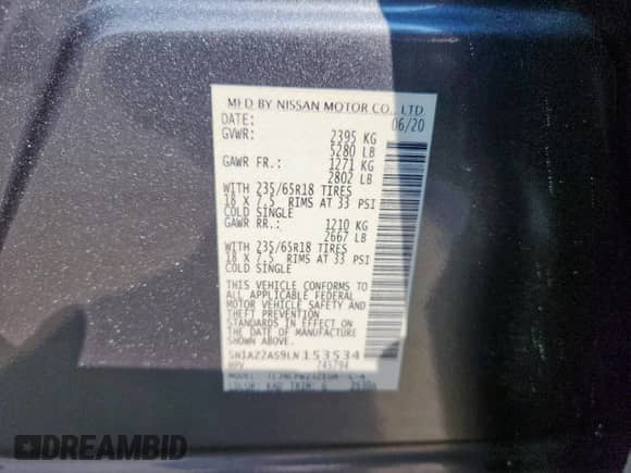 2020 Nissan Murano S with VIN 5N1AZ2AS9LN153534, listed as a Copart auction lot 81259845 with 43,890 mi miles and Salvage title. Bid and sale history available at DreamBid. Image 13.