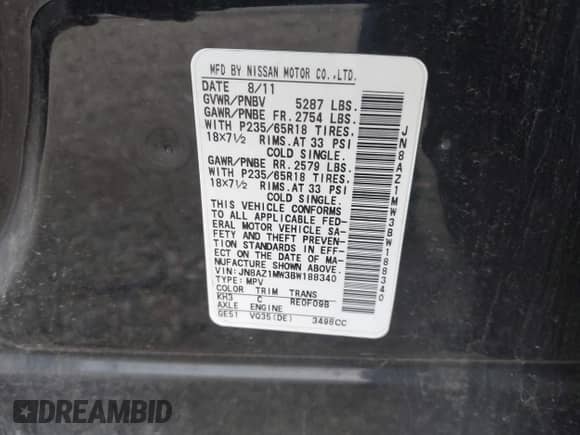 2011 Nissan Murano SL with VIN JN8AZ1MW3BW188340, listed as a IAAI auction lot 39745121 with 176,414 mi miles and . Bid and sale history available at DreamBid. Image 9.