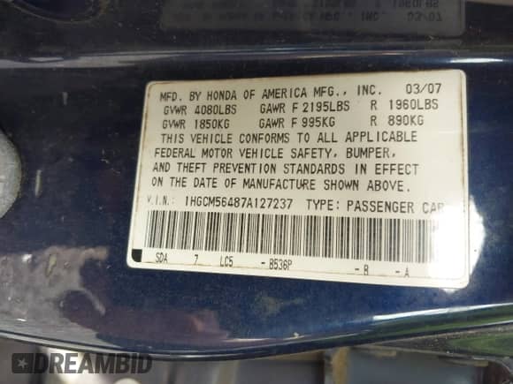 2007 Honda Accord LX с VIN 1HGCM56487A127237, выставлен на аукционе IAAI как лот 43336417 с пробегом 144 092 миль миль и . История ставок и продаж доступна на DreamBid. Изображение 9.