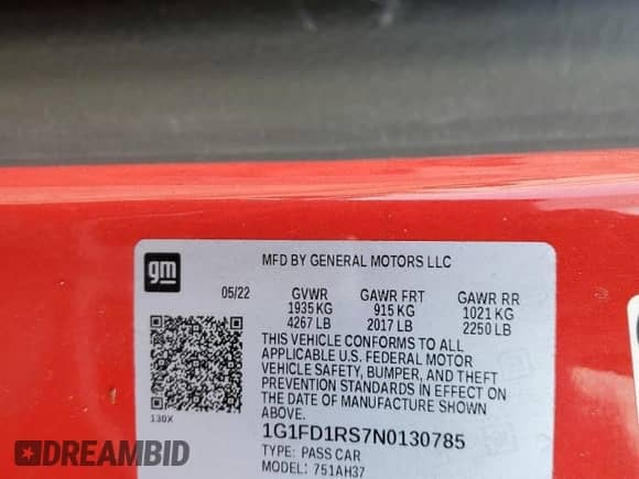 2022 Chevrolet Camaro 2LT z VIN 1G1FD1RS7N0130785, wystawiony jako Copart lot #38725894 z przebiegiem 16 497 mil mil oraz . Historia ofert i sprzedaży dostępna na DreamBid. Obrazek 14.