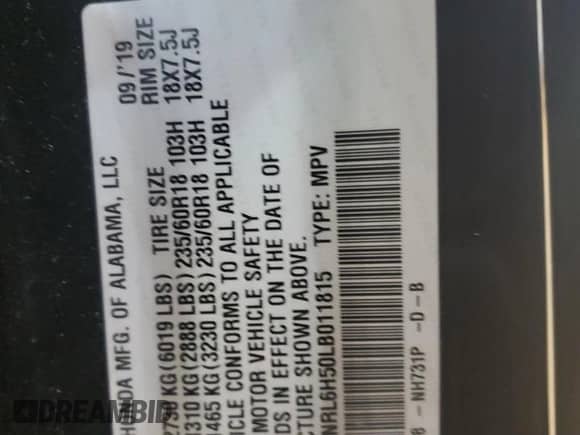 2020 Honda Odyssey EX с VIN 5FNRL6H50LB011815, выставлен на аукционе Copart как лот 57649335 с пробегом Не указан миль и Списание • Salvage title. История ставок и продаж доступна на DreamBid. Изображение 13.