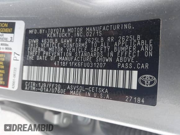 2015 Toyota Camry SE z VIN 4T1BF1FK6FU031207, wystawiony jako IAAI lot #42642706 z przebiegiem 110 630 mil mil oraz . Historia ofert i sprzedaży dostępna na DreamBid. Obrazek 9.