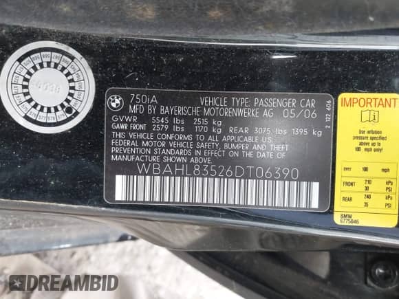 2006 BMW 7 Series 750i with VIN WBAHL83526DT06390, listed as a IAAI auction lot 42246688 with 123,962 mi miles and . Bid and sale history available at DreamBid. Image 9.