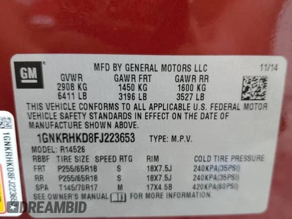 2015 Chevrolet Traverse LT z VIN 1GNKRHKD8FJ223653, wystawiony jako Copart lot #80811575 z przebiegiem 145 327 mil mil oraz Szkoda całkowita • Salvage title. Historia ofert i sprzedaży dostępna na DreamBid. Obrazek 14.