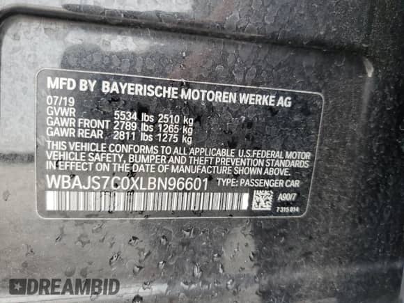 2020 BMW 5 Series M550i xDrive with VIN WBAJS7C0XLBN96601, listed as a Copart auction lot 63101515 with 46,555 mi miles and Salvage title. Bid and sale history available at DreamBid. Image 12.