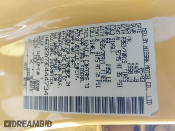 2003 Nissan Frontier XE z VIN 1N6ED29Y73C444734, wystawiony jako IAAI lot #42856079 z przebiegiem 163 764 mil mil oraz . Historia ofert i sprzedaży dostępna na DreamBid. Obrazek 9.