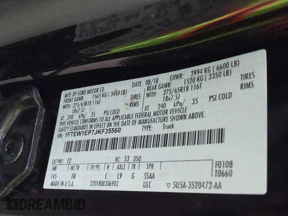 2018 Ford F-150 XL z VIN 1FTEW1EP7JKF35560, wystawiony jako IAAI lot #43206536 z przebiegiem 115 571 mil mil oraz . Historia ofert i sprzedaży dostępna na DreamBid. Obrazek 9.