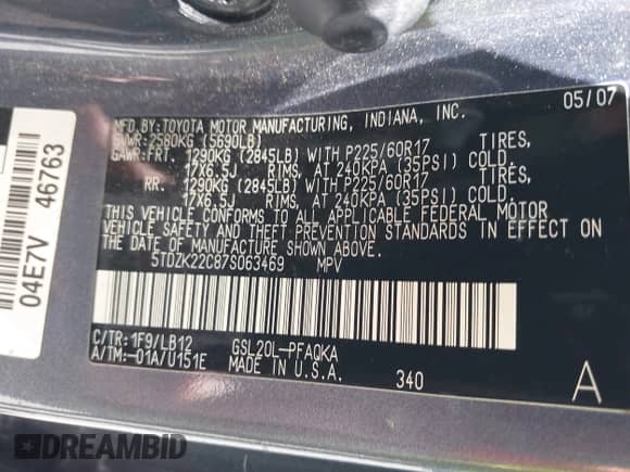 2007 Toyota Sienna XLE z VIN 5TDZK22C87S063469, wystawiony jako IAAI lot #42529973 z przebiegiem 200 238 mil mil oraz . Historia ofert i sprzedaży dostępna na DreamBid. Obrazek 9.