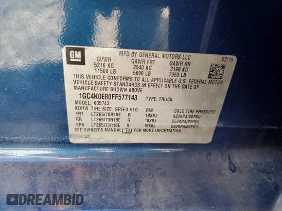 2015 Chevrolet Silverado 3500HD LTZ с VIN 1GC4K0E80FF577143, выставлен на аукционе Copart как лот 76626244 с пробегом 41 587 миль миль и Списание • Salvage title. История ставок и продаж доступна на DreamBid. Изображение 12.